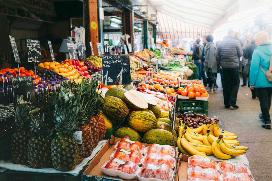 Famous Naschmarkt in Viennas 5th district, fresh fruit and vegetables on a market