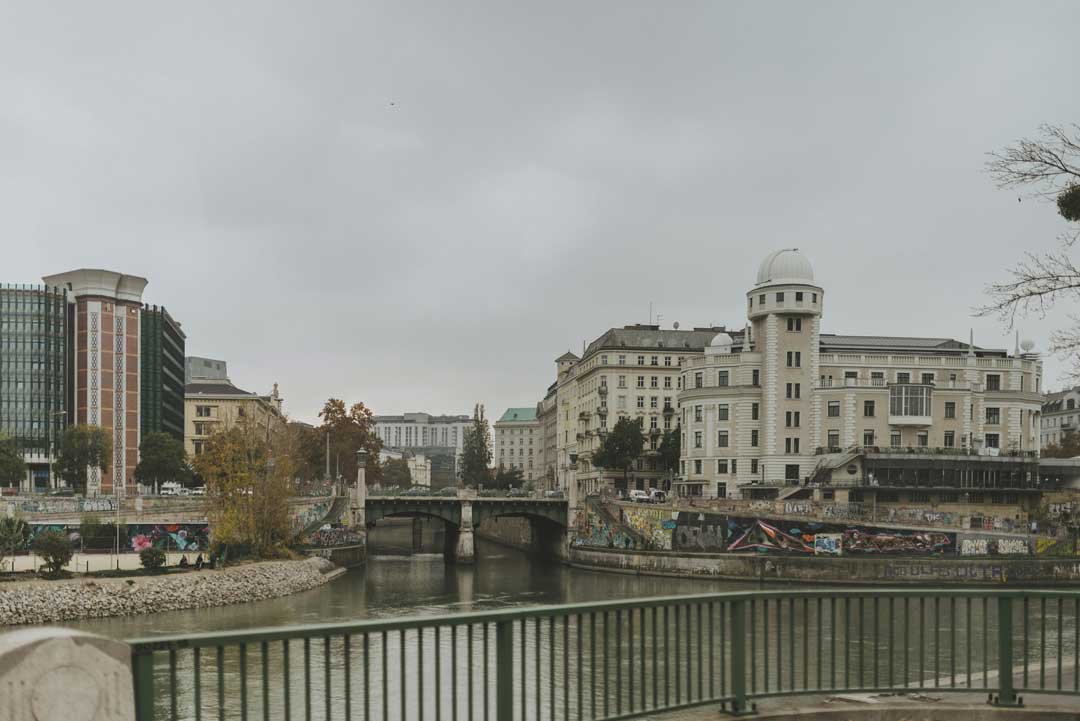 View of Urania and many historic beautiful buildings at Donaukanal in Vienna in the 20th district