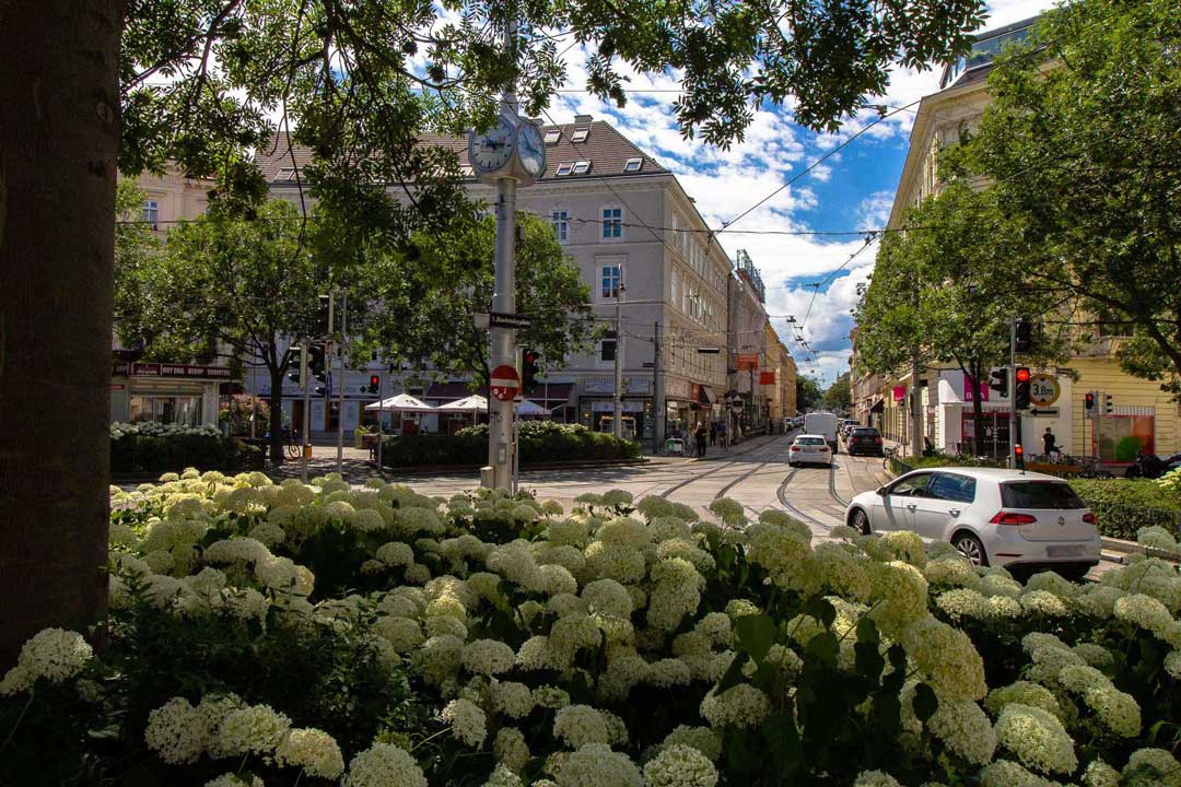 Radetzkyplatz in Viennas 3rd district (Landstraße), sunny weather, green trees