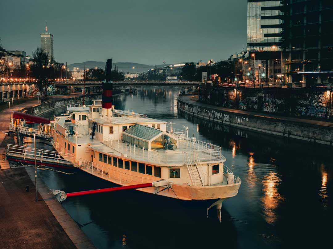 Big white ship at Donaukanal in Vienna in 20th district