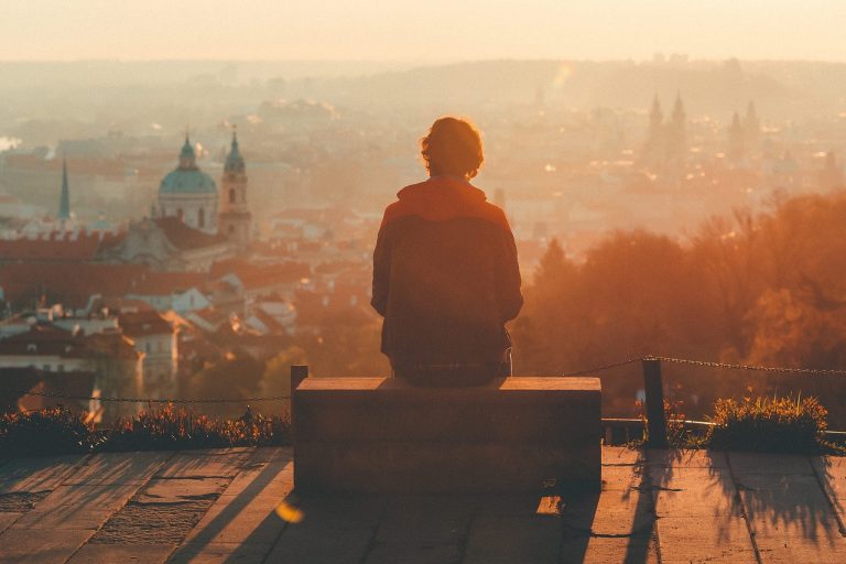 Person sitting on a bench overlooking the city